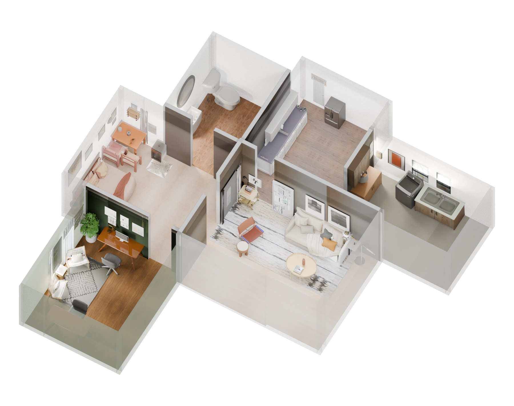 Cutaway render of the assembled apartment