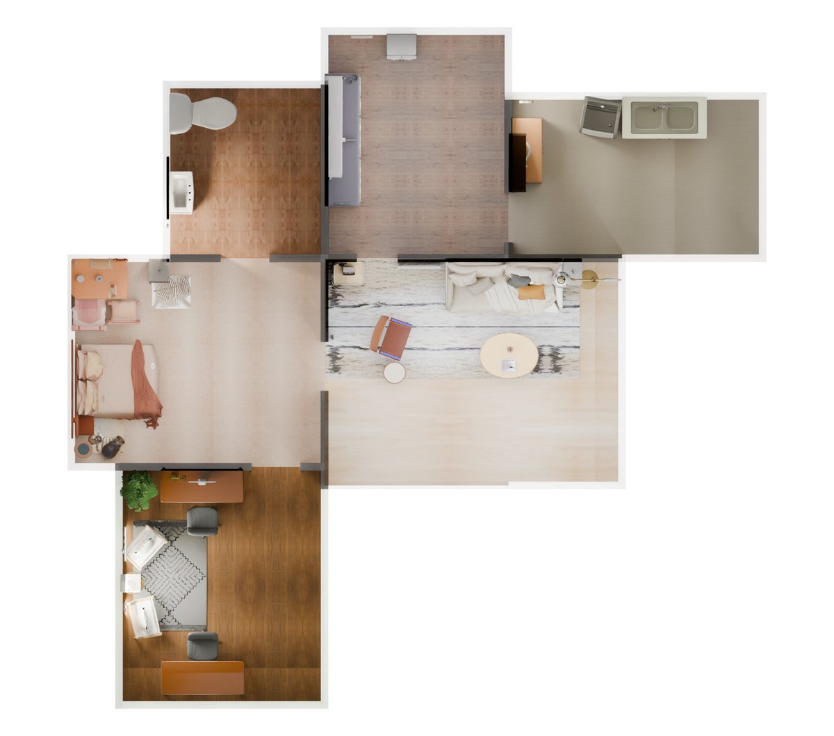 Top-down render of the assembled apartment